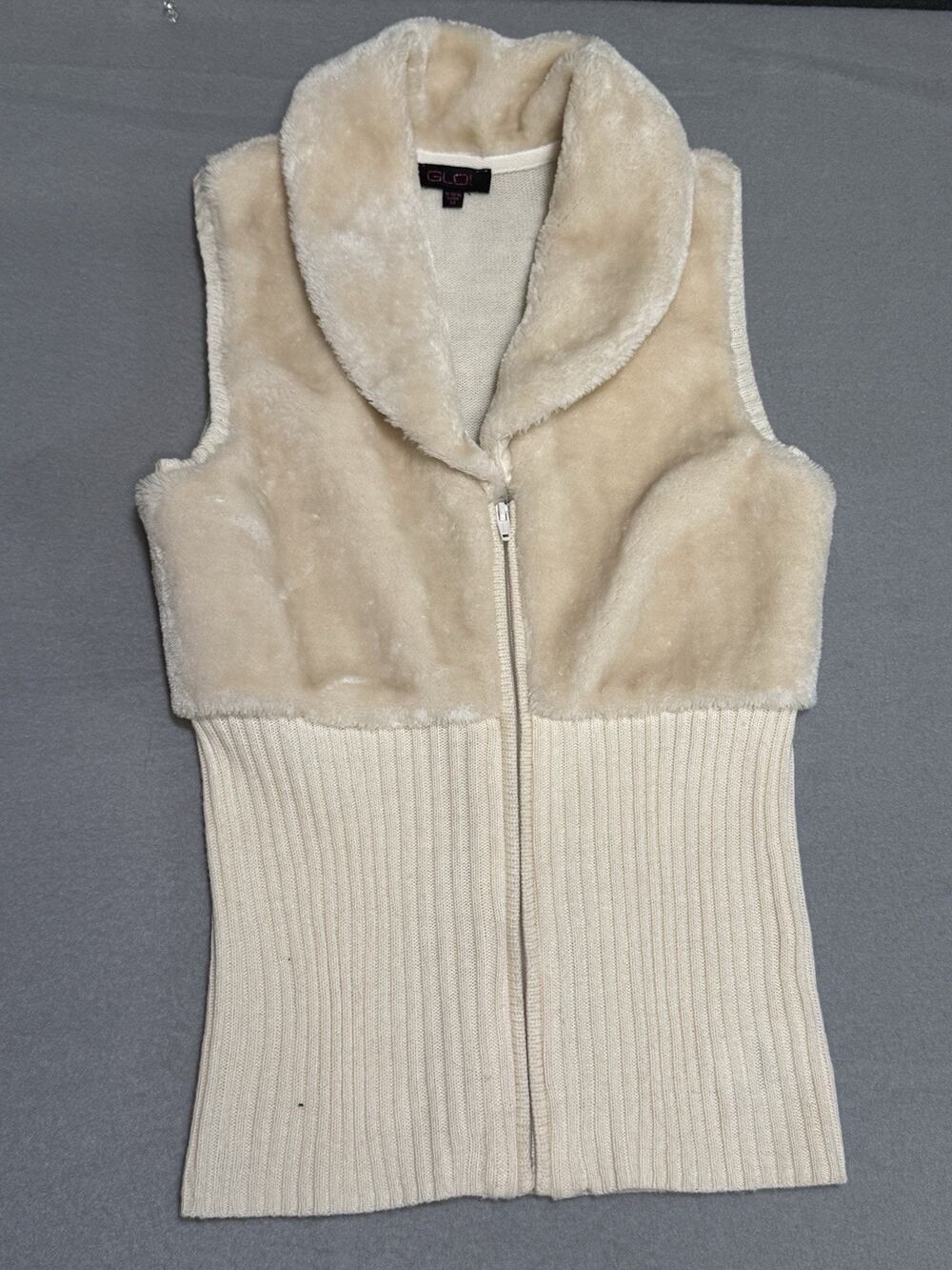 GLO Y2K Faux Fur Vest Ivory Knit Zip Up Lapel Collar MEDIUM